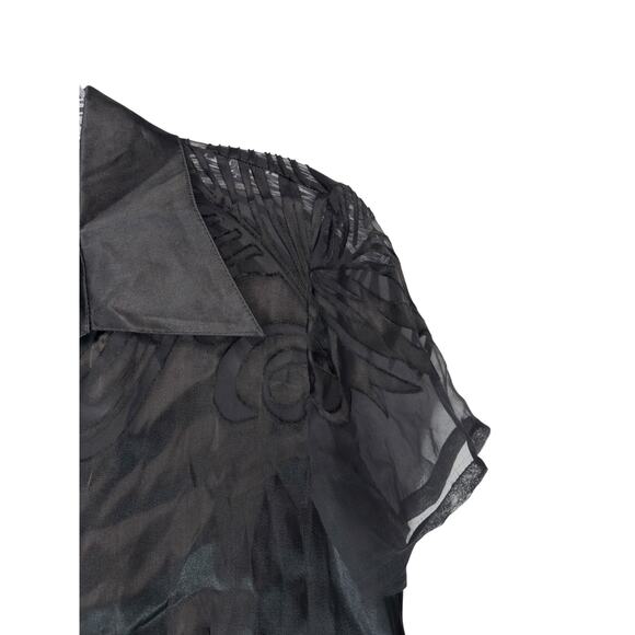 Black Basic Dressy Vamp Silk Short Sleeve Collared Button Up Blouse Large - Picture 4 of 10